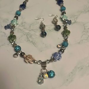 Handcrafted Silver/Ceramic Turtle necklace set. Accented with Aurora Borealis